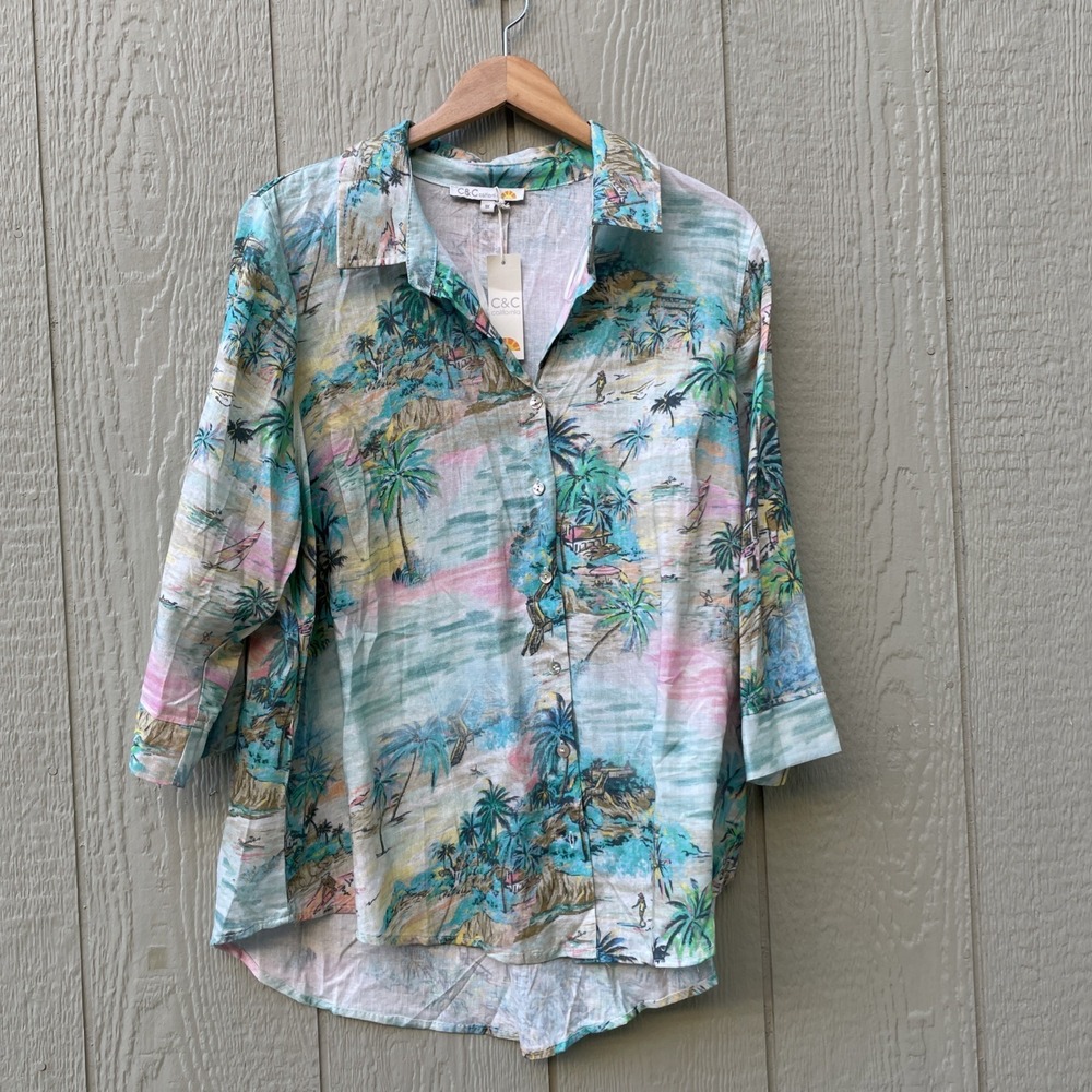 C&C California Shirt Womens 1X Plus Linen Blend Button Up 3/4 Sleeve Beach NEW